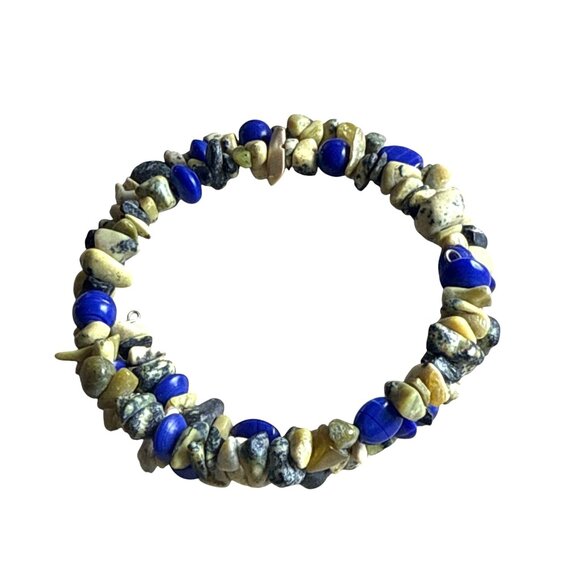 Natural Gemstone Stretch Bracelet With Lapis Lazuli & Yellow Jasper Beads - Picture 1 of 8